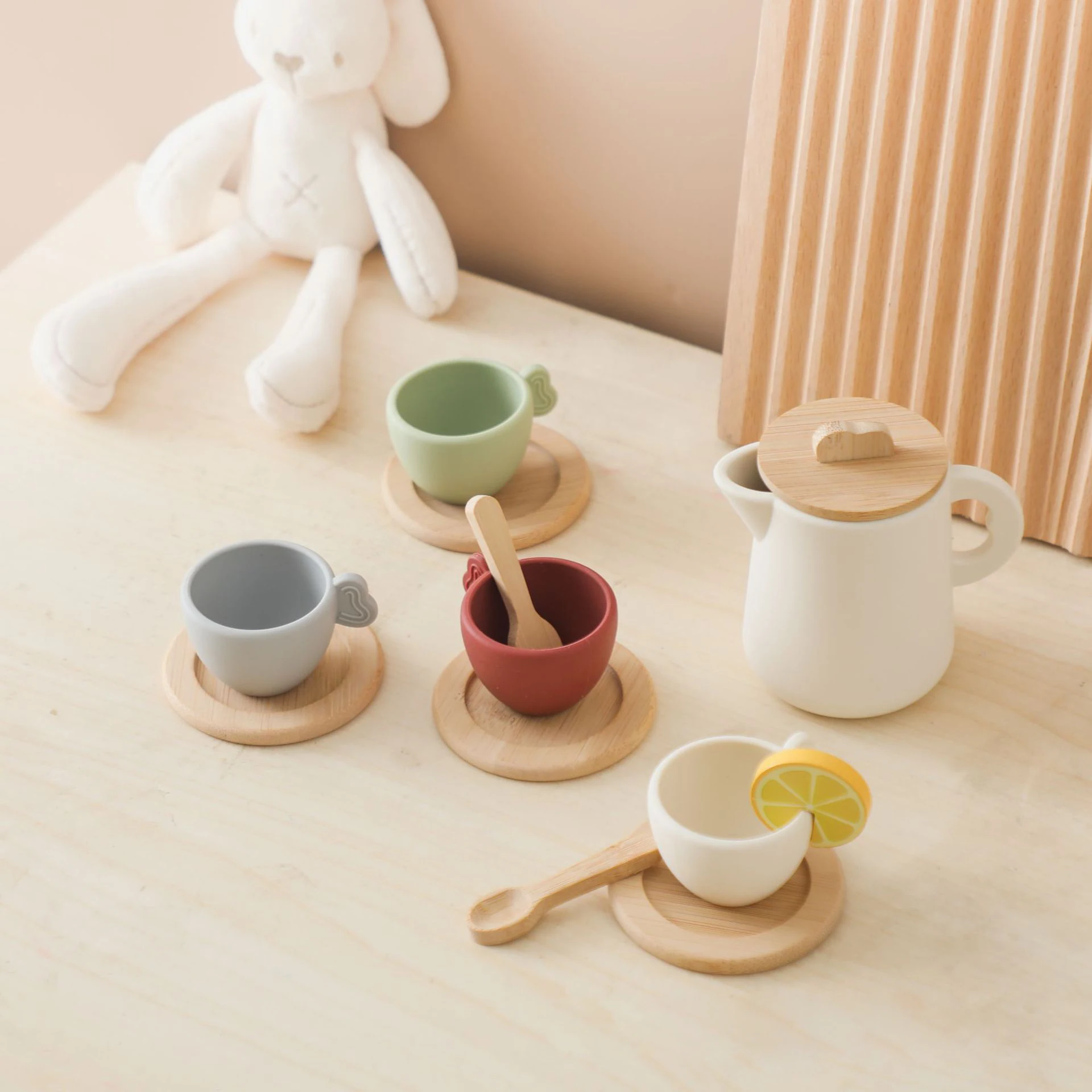 Educational Afternoon Tea Set for Kids Baby Wooden Coasters Food Grade Silicone Kitchen Toy DIY Play House Toy