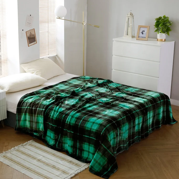  Plaid green blanket printing service Throw blankets personalized Microfiber comforting flannel fleece lush
