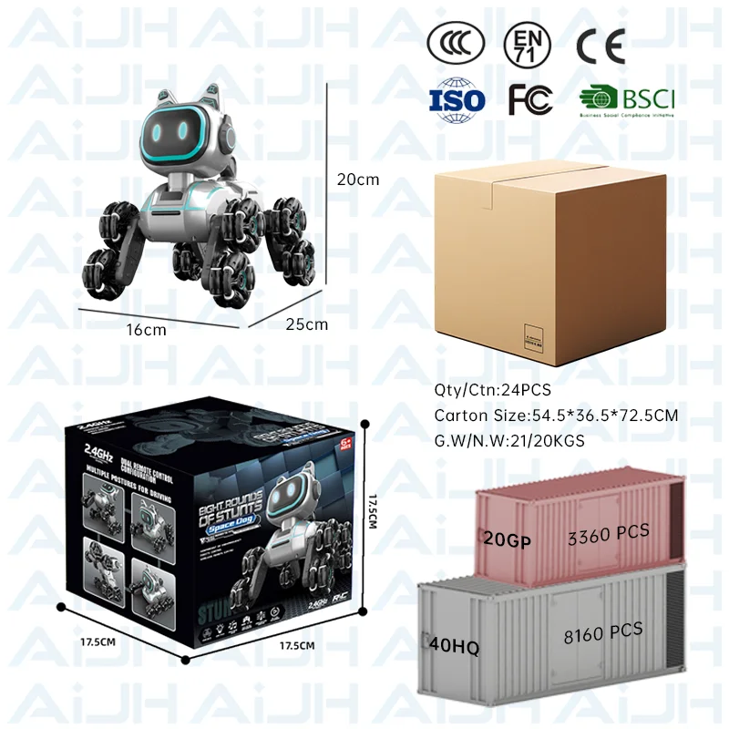 AiJH 2.4G Eight Wheels Remote Control Robot 13 Channel Smart Education Electronic Stunt Rc Robot Dog Toy