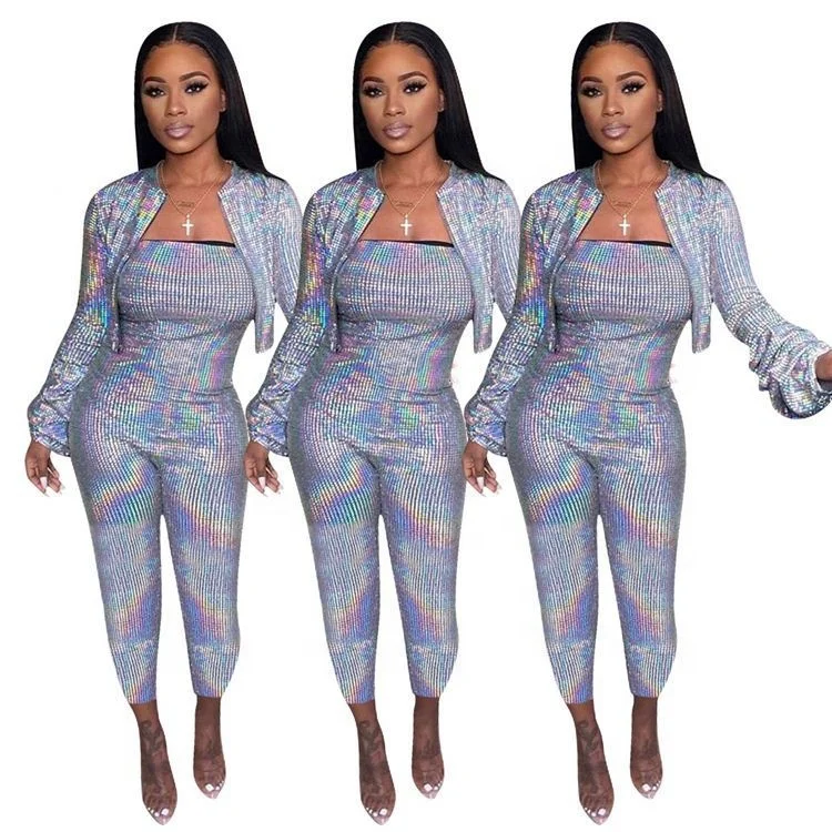 
Hot Selling Sexy Night Club Hot Stamping Short Jacket And Bodycon Jumpsuit Women 2 Piece Pants Set Clothing 