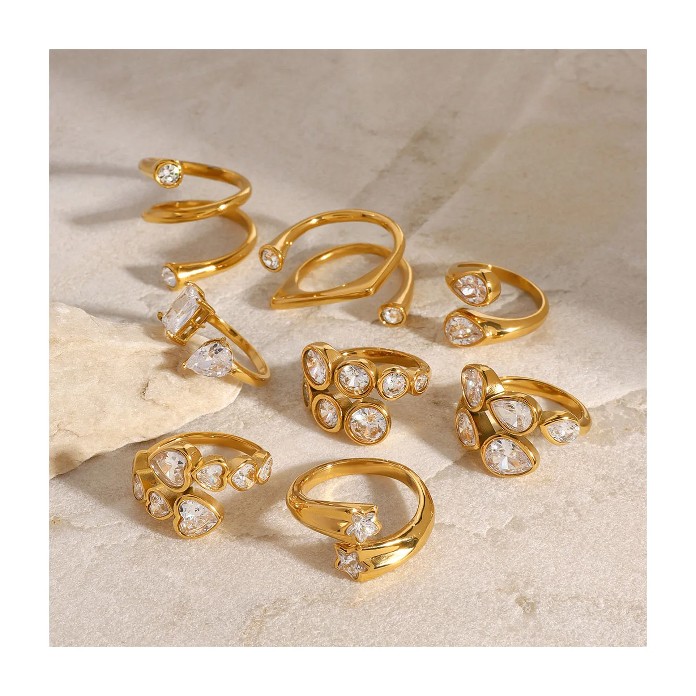 ERESI Delicate Cubic Zirconia Heart Stainless Steel Gold Color Adjustable Fashion Open Ring High Quality Chic Jewelry Ring