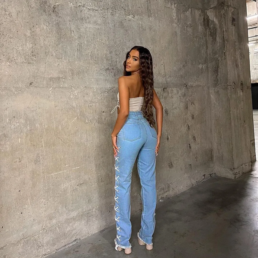 2022 Autumn/Summer Hot Sale Slim Fit Breathable Jeans With Drawstring Straight Denim Pants For Women