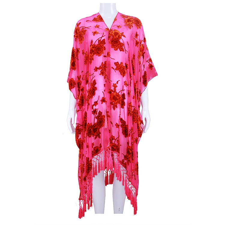 
Casual ladies velvet burnout kimono women tassel blouse trim ruana floral print High quality burnout velvet kimonos 