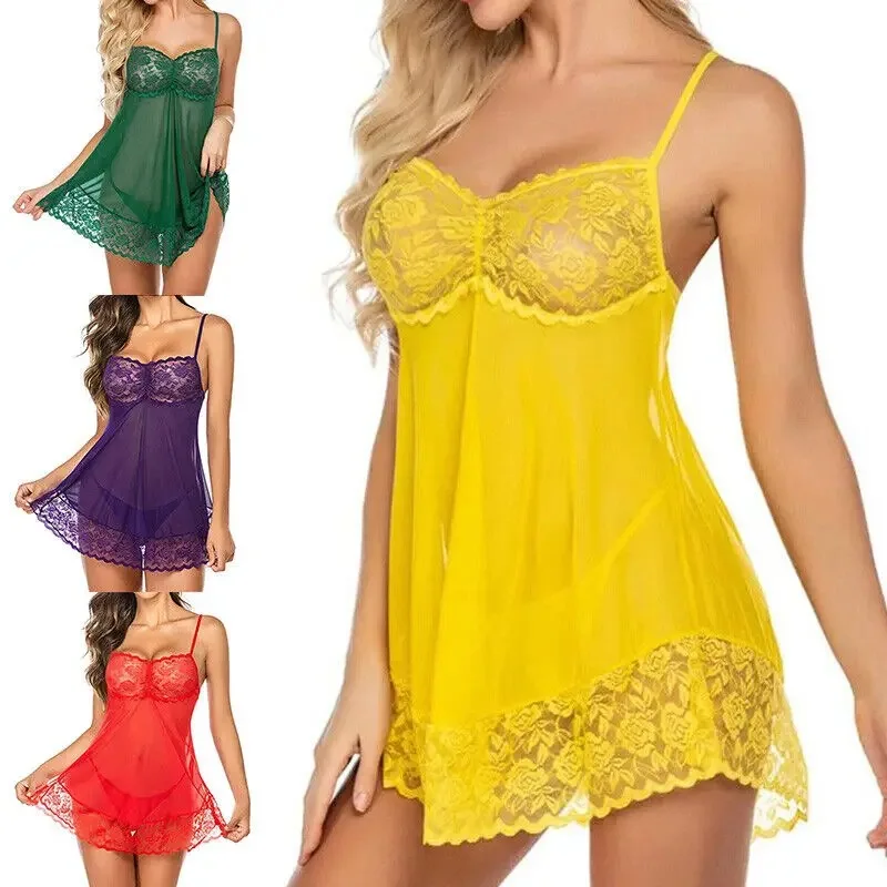 Sexy Women Lingerie Silk Lace Underwear Sleepwear Sleeveless Night Dress Babydoll Pajamas Lace Sexy Clothes