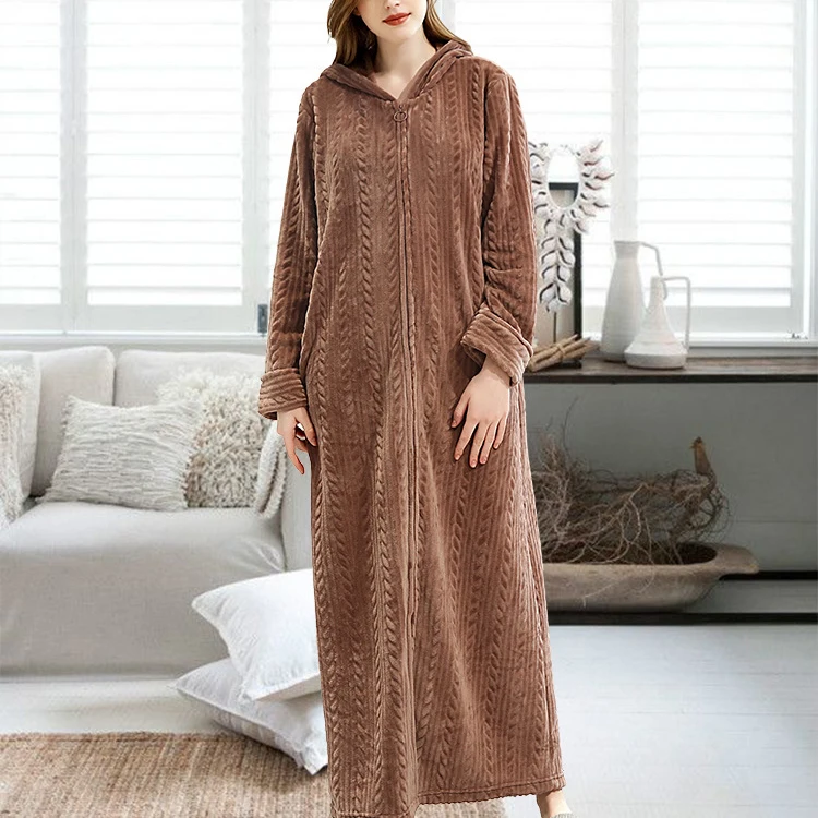 Winter Sleepwear Flannel Long 100% Turkish Cotton Terry Hooded Zipper Girl Bath Robe