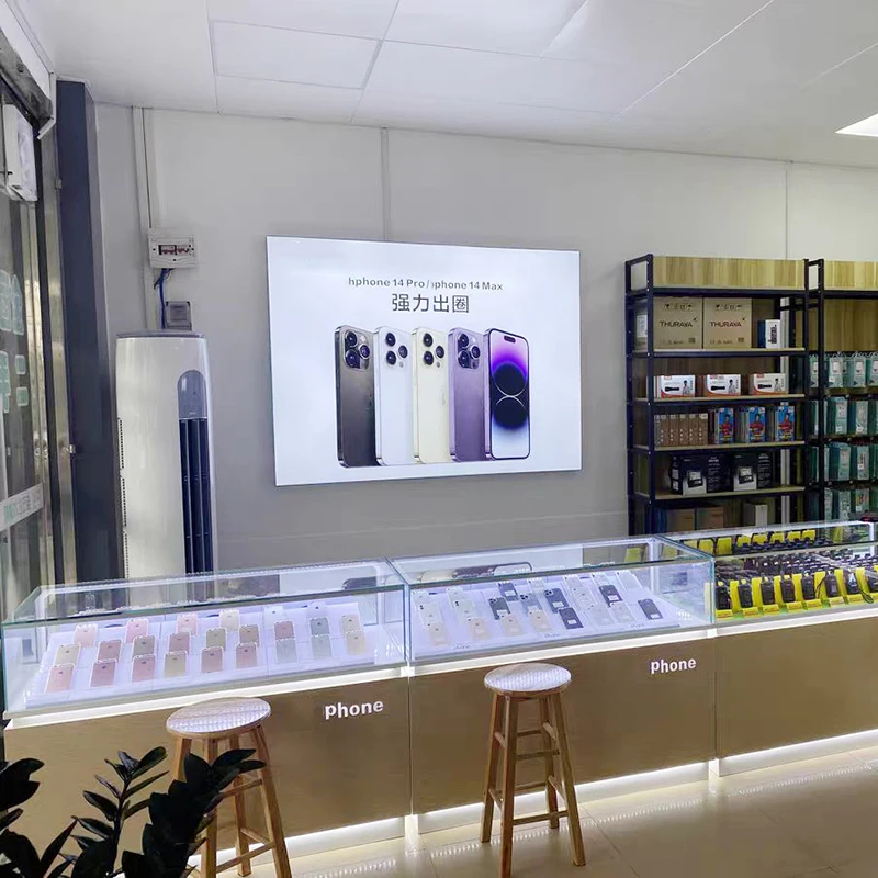 Factory supply metal display showcase mobile phone glass led lighting cabinet acrylic logo show counter