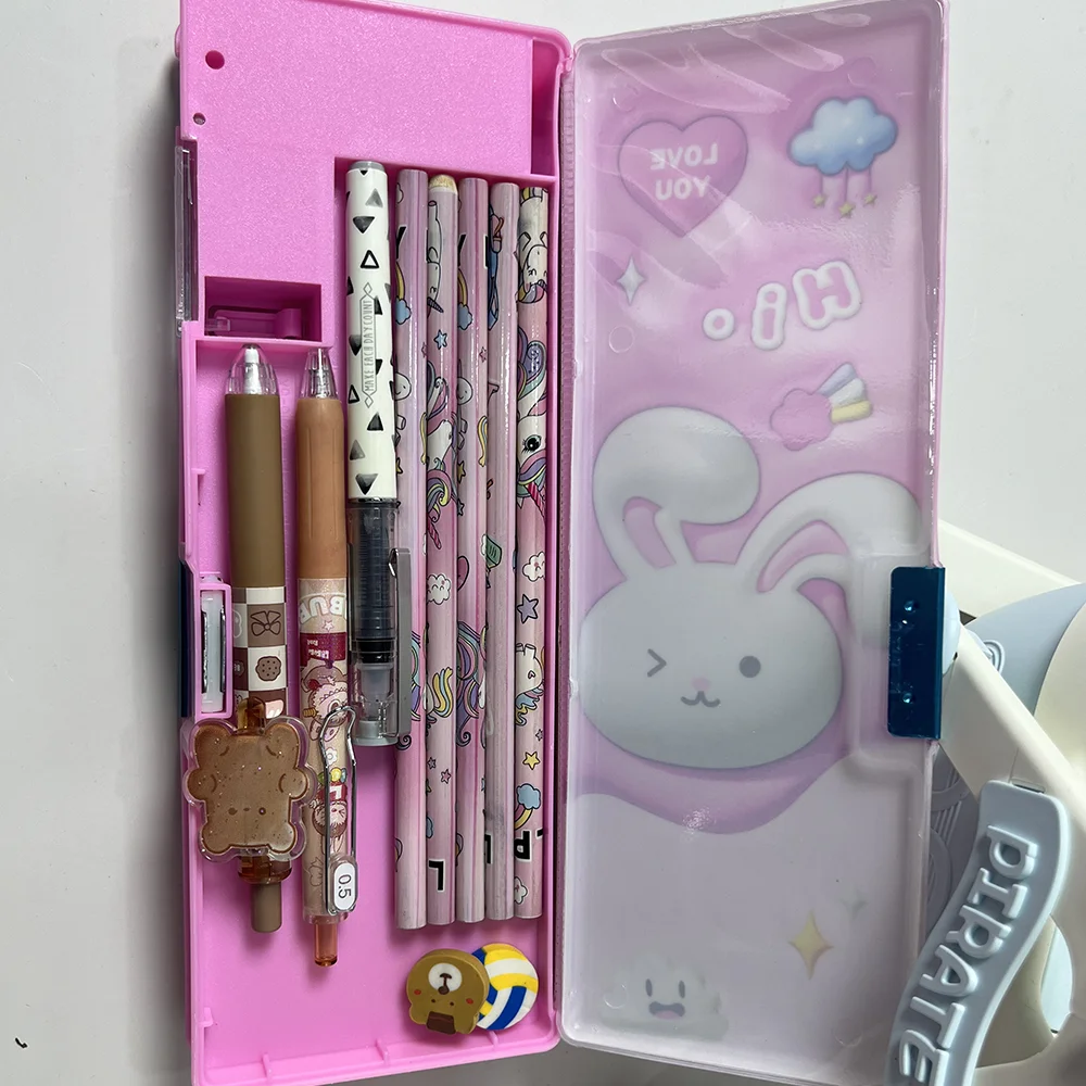 Cartoon-Themed PVC Pencil Case with Press Button Built-In Sharpener School Supplies and Stationery Gift