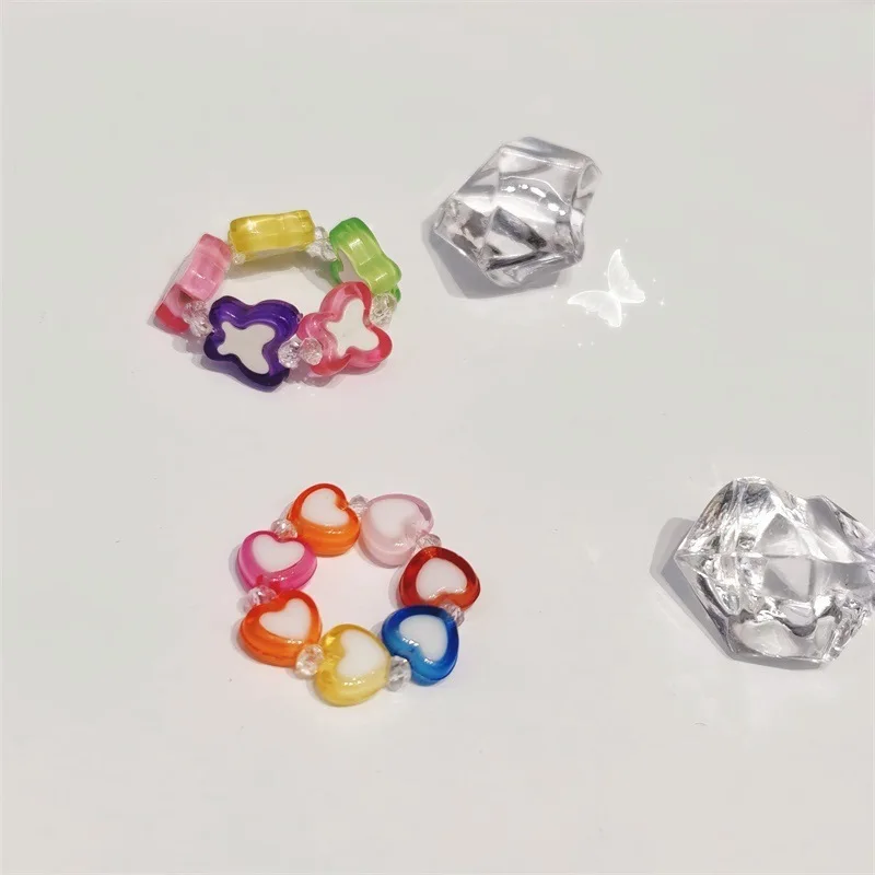 
2021 Summer Colorful Love Butterfly Ring Female Peach Heart Crystal Bead Resin Ring 