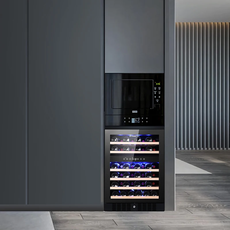 Vinopro 46 Bottles built-in led light wine fridge cabinet dual zone wine cellar cooler with wooden beech shelves