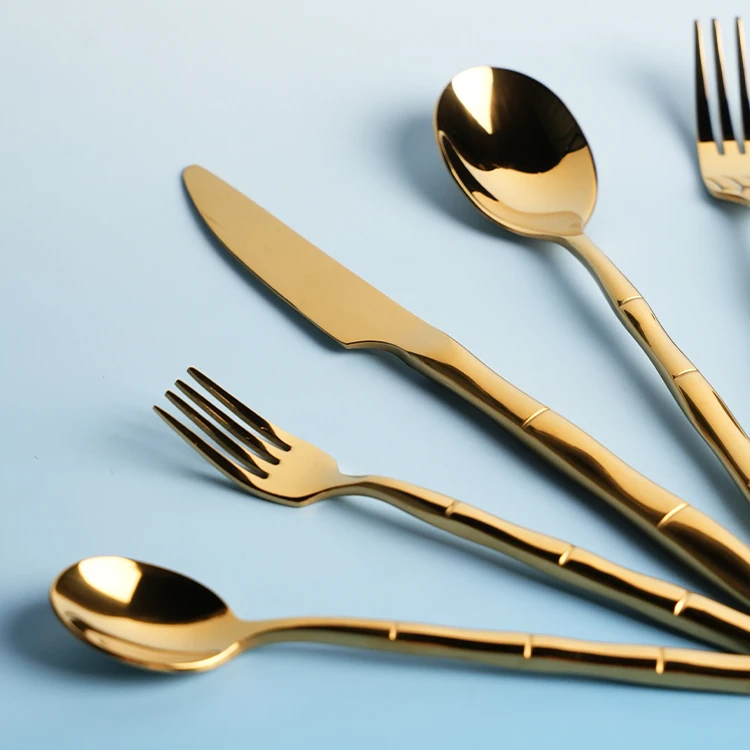Hot Sell Stainless Steel Gold Plated Knife Fork Spoon Bamboo Design Mirror Finished Handle 5pcs  Luxury Spoon Fork And Knife Set
