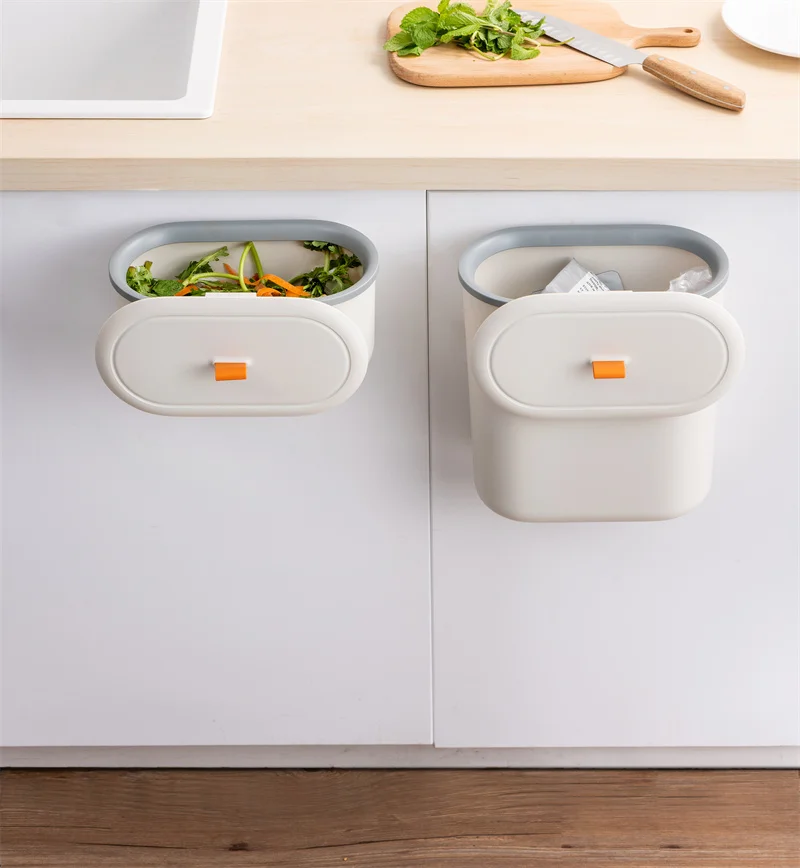 Pinmoo small wall hanging plastic waste bin for kitchen wall-mounted hanging trash can cabinet door with lid