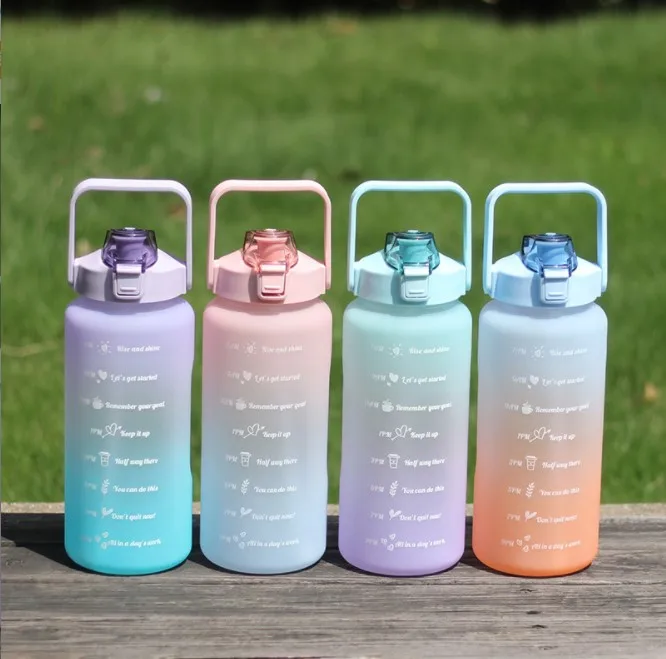 Hot Selling Big Capacity 2L Straw Jug With Handle Gradient Color Plastic Water Bottles In Bulk