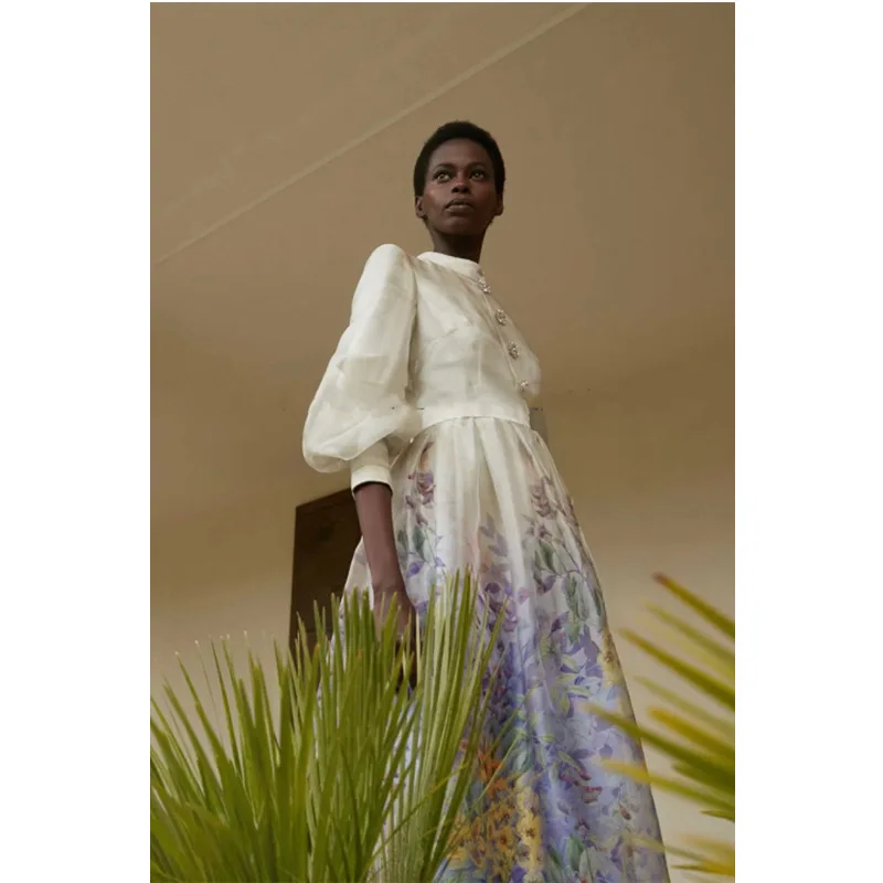 Middle East Niche Designer Vintage Court Style Elegant Floral Print Satin Long Dress