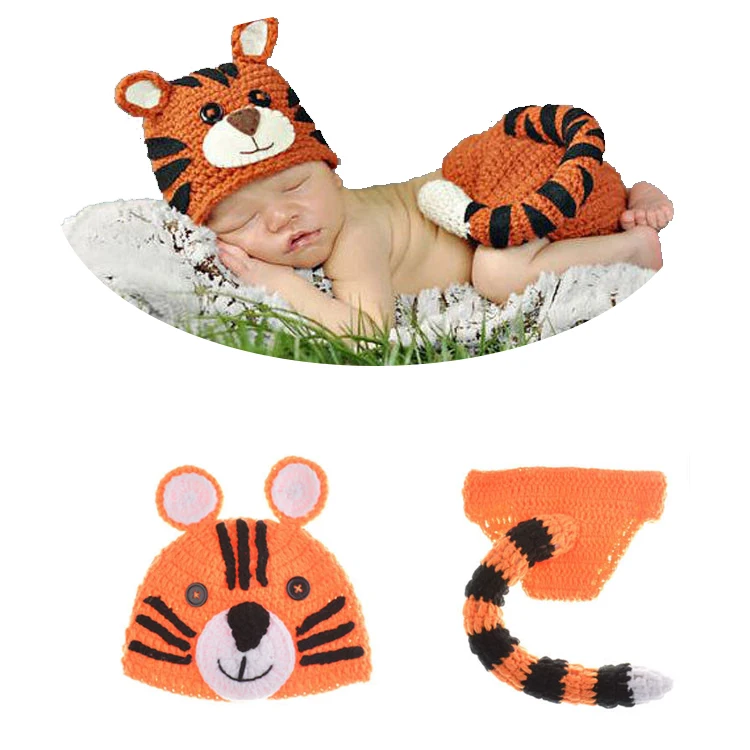 Newborn Infant Knit Photography Toddler Crochet Knitting Shoot Hat Diaper Pants Set Tiger Costume Knitted Baby Photo Props
