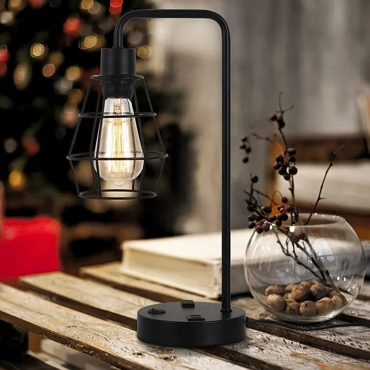 Modern Black Bedside Lamp With Dual Usb Charging Ports And Ac Outlet Lamp With Metal Cage Shade