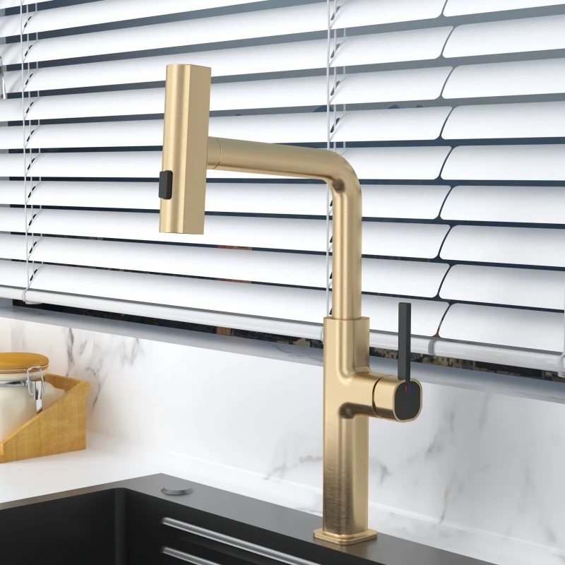 New Design three  Function Pull Down Kitchen Faucet Brass Rotating Nozzle Kitchen Sink Faucet