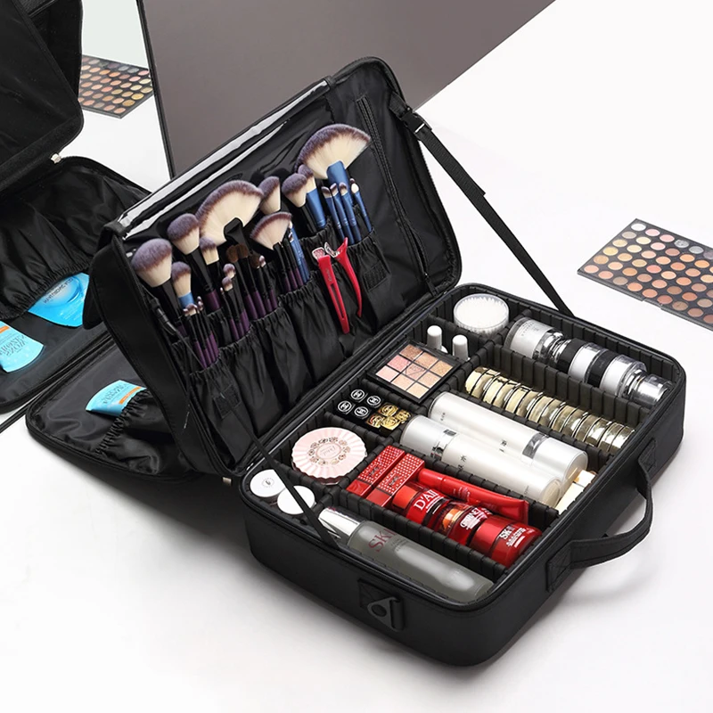 Portable Professional Large Capacity Adjustable Travel Makeup Storage Bruch Bag Cosmetic Organizer Case with mirror