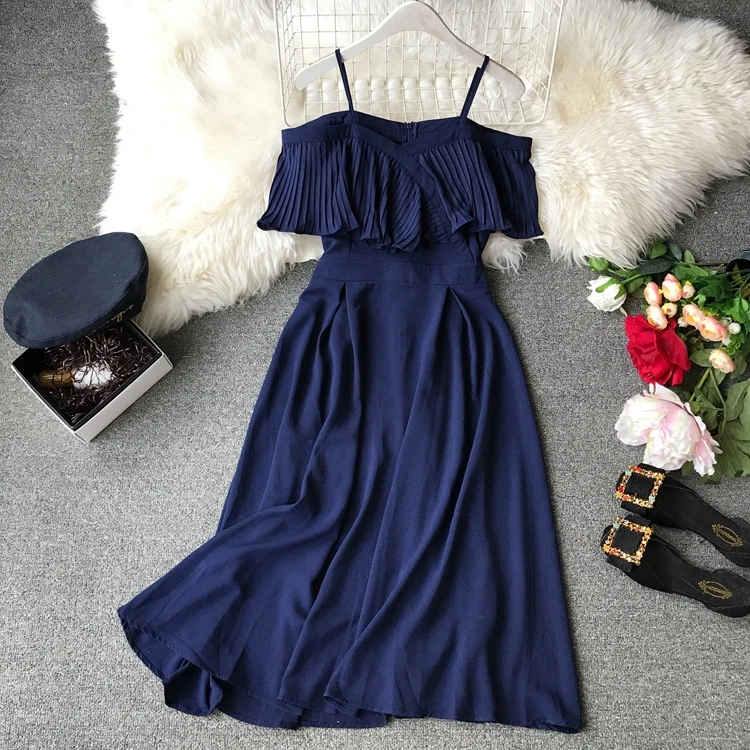 Customized pleated off shoulder one line neck strap mid length dress for women