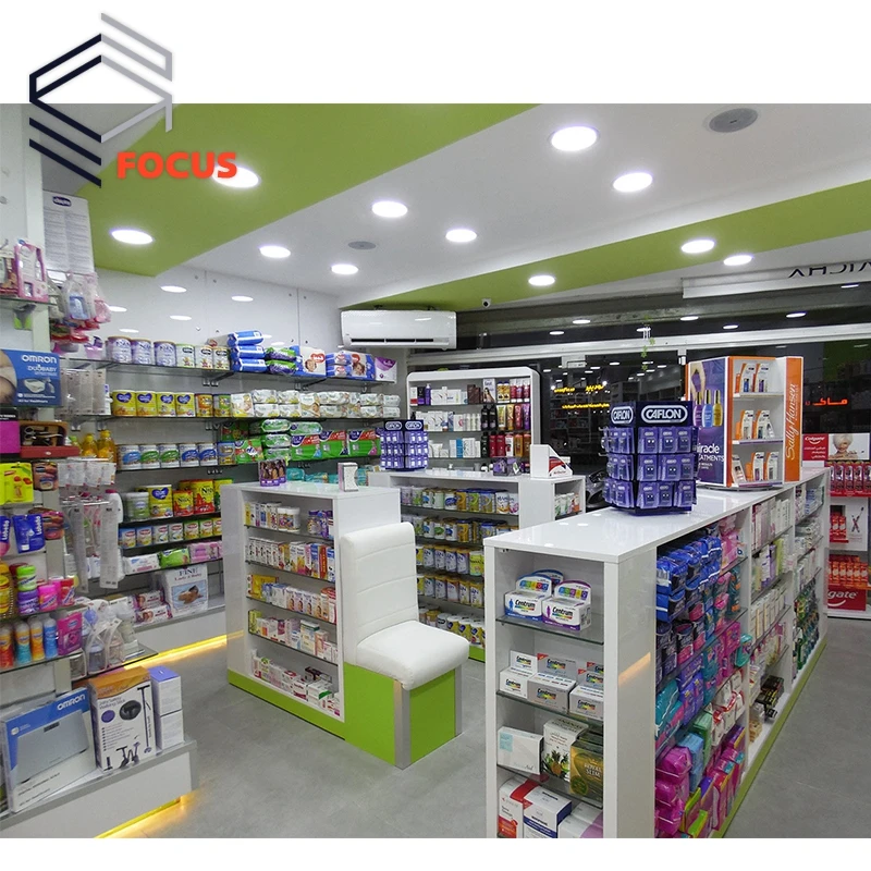 2023 Retail Pharmacy Store Display Racks Furniture Wooden Pharmacy Shelves Medical Shop Interior Design