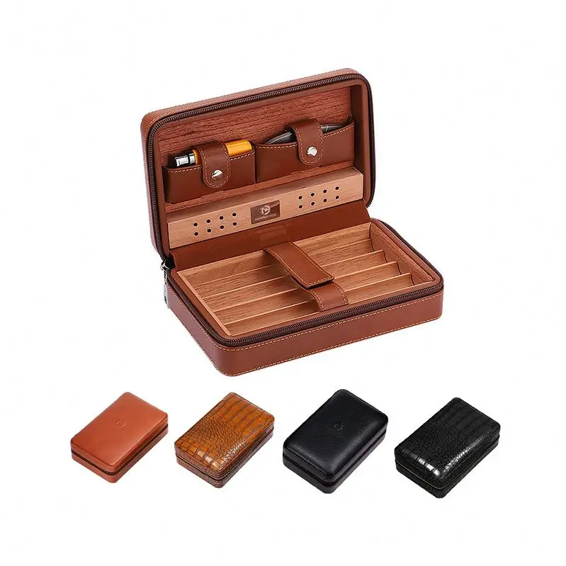 Genuine Leather Wooden Cigar Box Travel Portable Humidor With Hygrometer Custom Cigar Painting Box Display Humidor