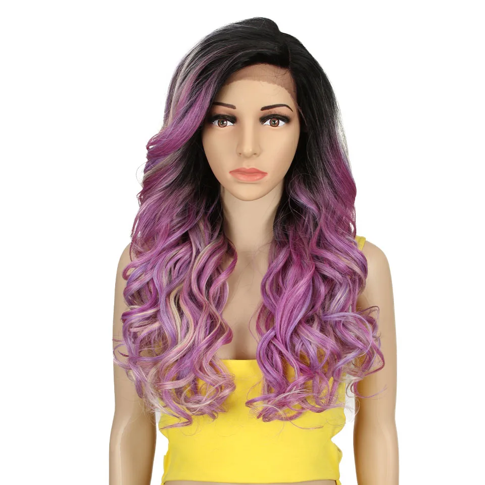 Natural Long Wavy Pink Purple Cosplay Wig 22 Inch Synthetic Hair Wigs For Black Women Synthetic Lace Front Wig Heat Resistant