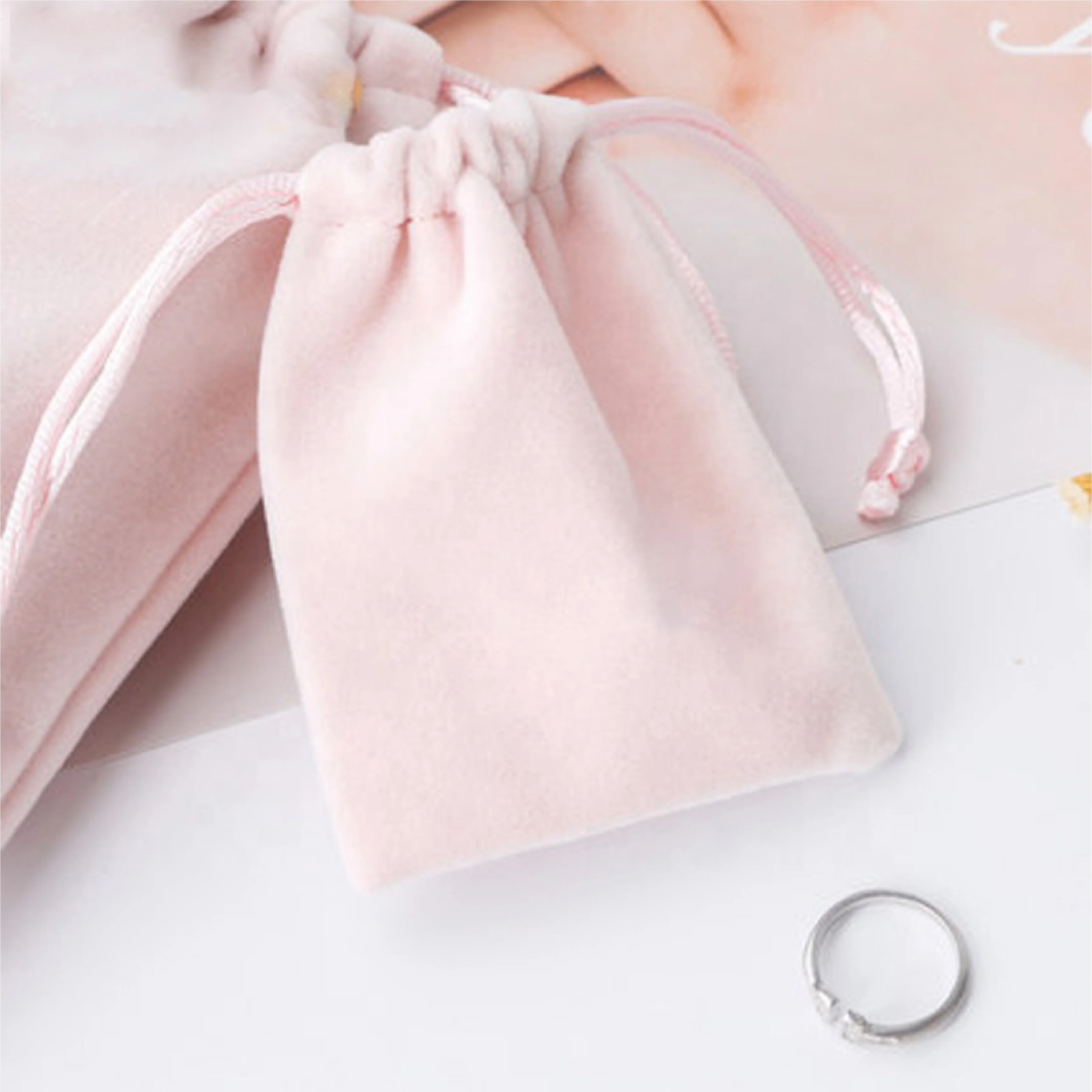 9*7cm Pink Velvet Fabric Jewelry Pouches Small Drawstring Storage Packing Bag With Custom Logo Printed