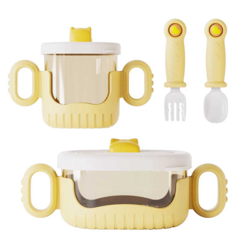 OEM ODM BPA Free Crocodile PP Plastic Snack 4 PC Food Grade Bowl Cup Fork Spoon set Kid Feeding Product Wholesale Curtley Set