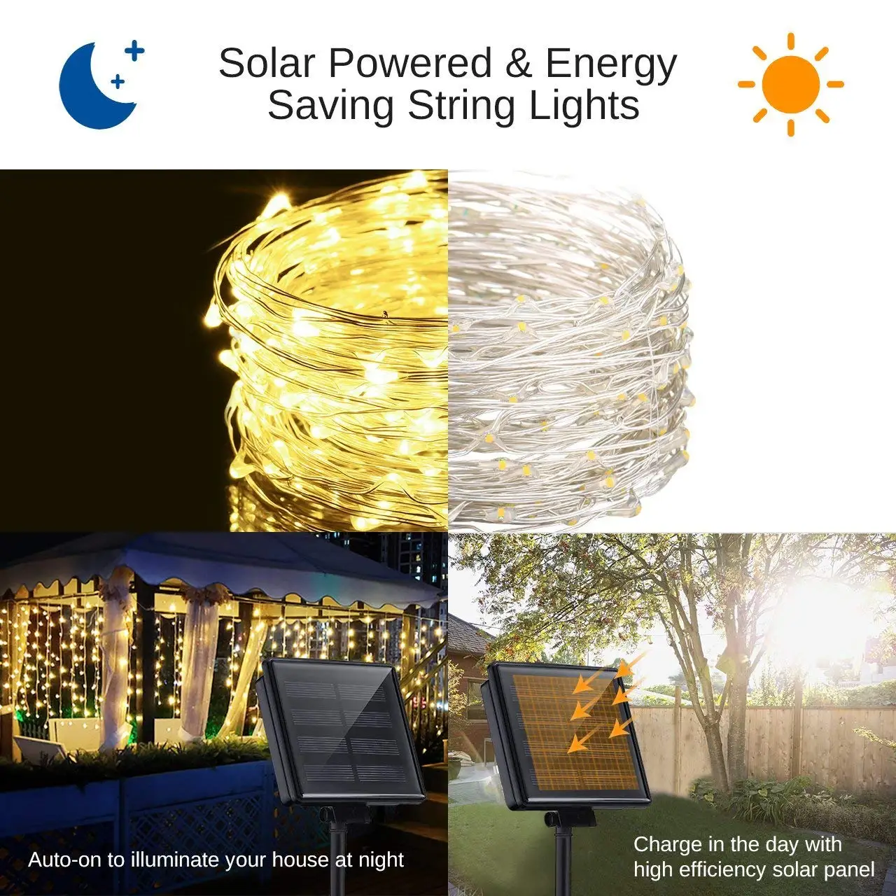 Light String Christmas Tree Decoration Kit Solar Panel Powered Flashing Warm White Copper Wire Lights  Garden Mini LED