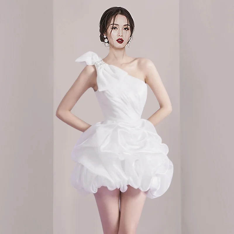 Elegant Single Shoulder Bow Blossom Skirt Sexy Open Back Waist Dress