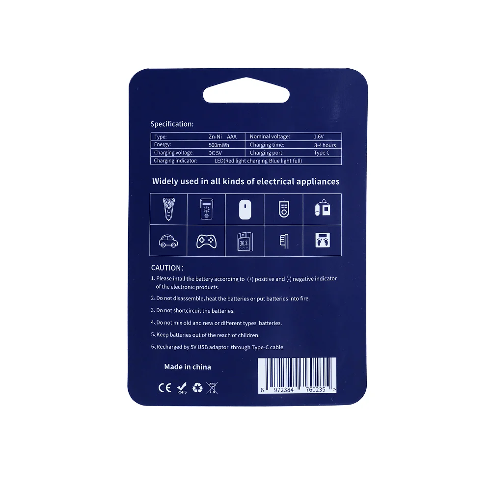 Logo custom ni-zn 1.5v usb aaa rechargeable battery triple a rechargeable batteries with type c port