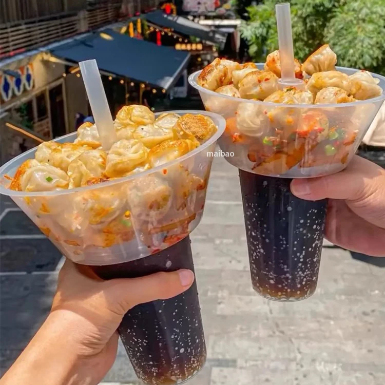 Disposable Snack Drink Cup with Straw Custom Fried Chicken Snack Bowl Hotpot Cup Wholesale Food Takeaway Plastic Cup with Tray