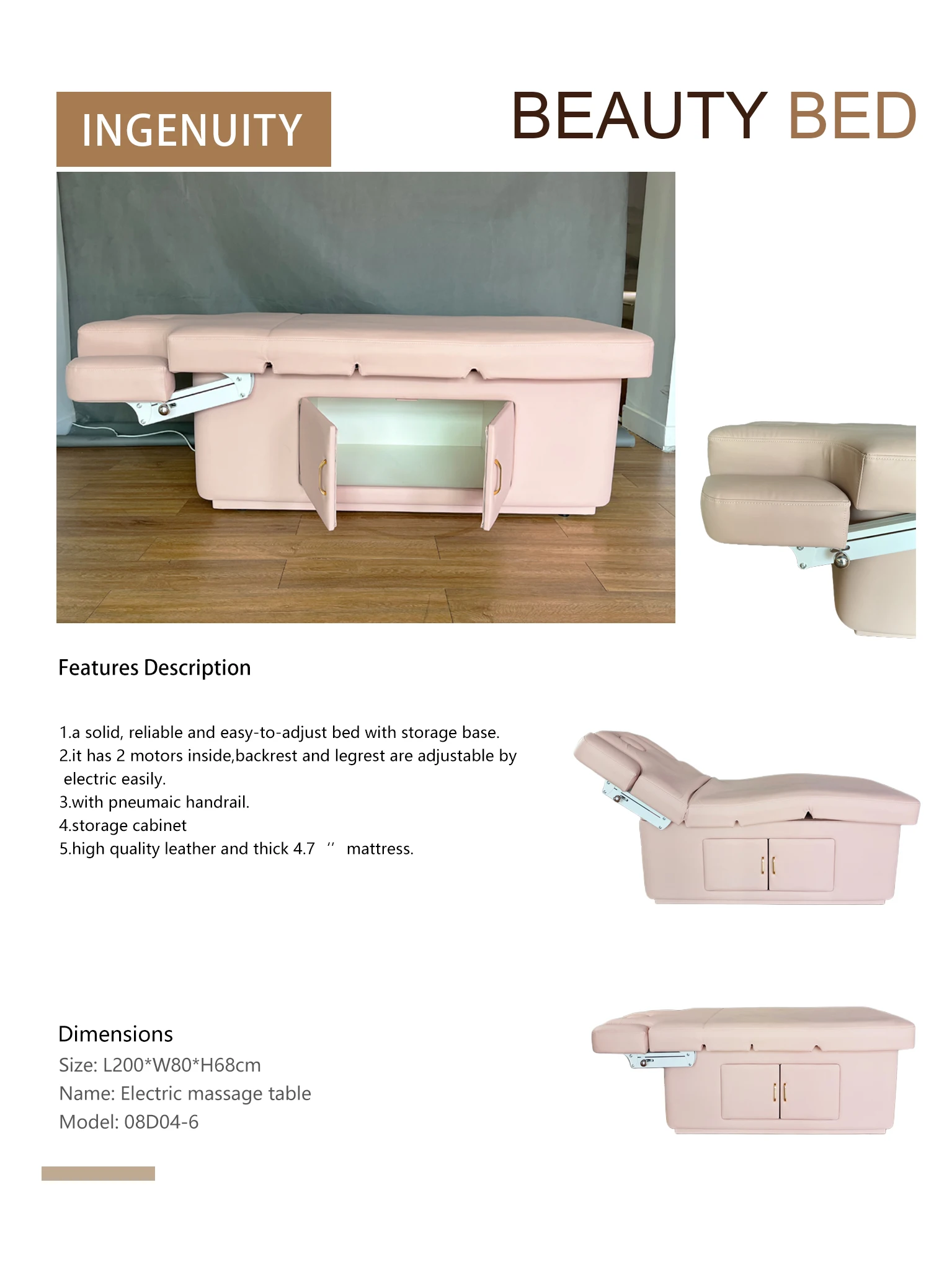 High Quality Spa Bed Table Electric Adjustable Massage Bed Pneumatic Handrail Storage Cabinet Beauty Salon Use