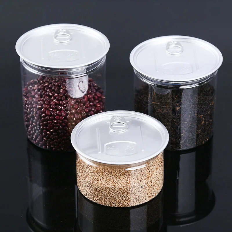Round plastic pet easy open can Transparent food grade jar with sliver aluminum cap