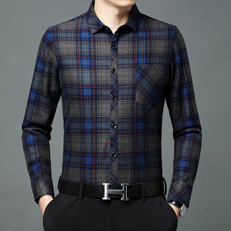 Мужская клетчатая рубашка с длинным рукавом и квадратными пуговицами
