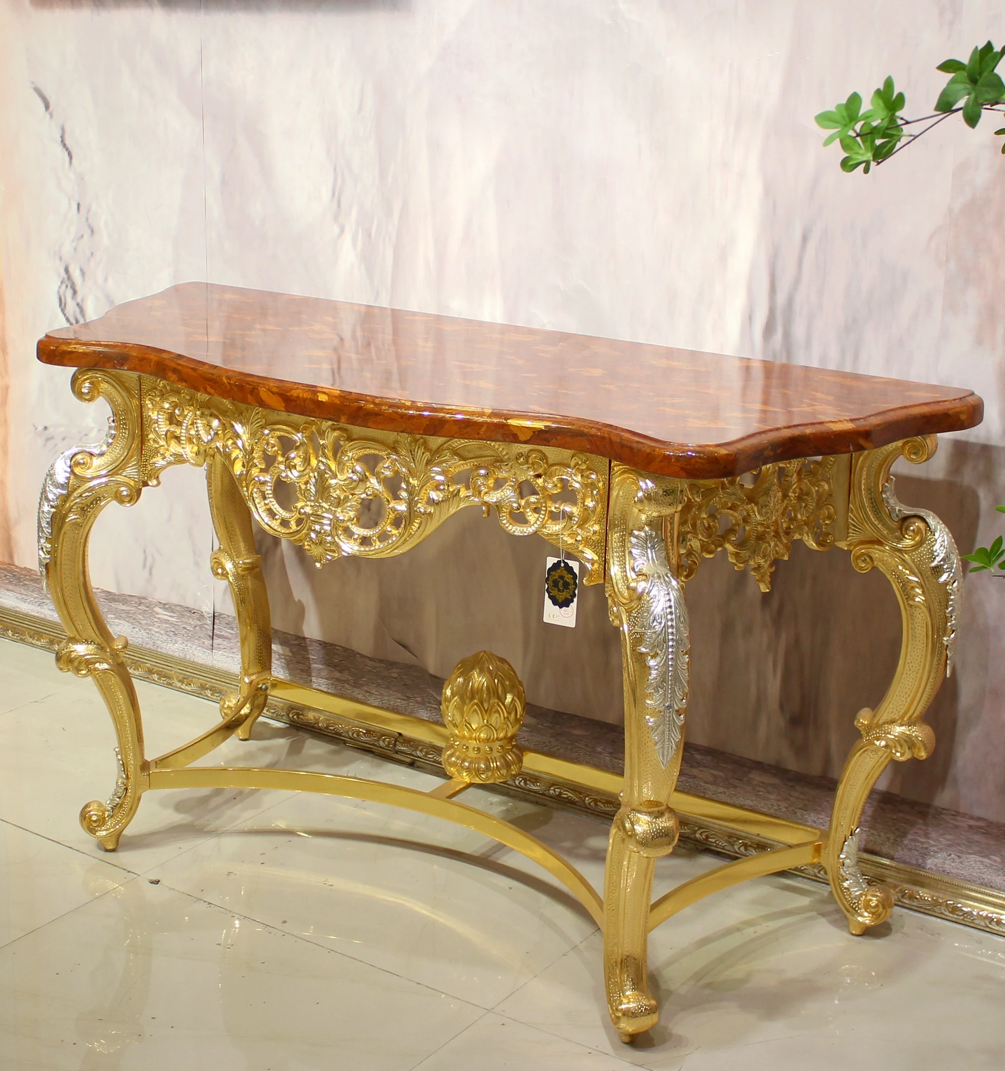 Retro Luxury Porch Italian  Classic Console Golden Copper Corridor Console Table