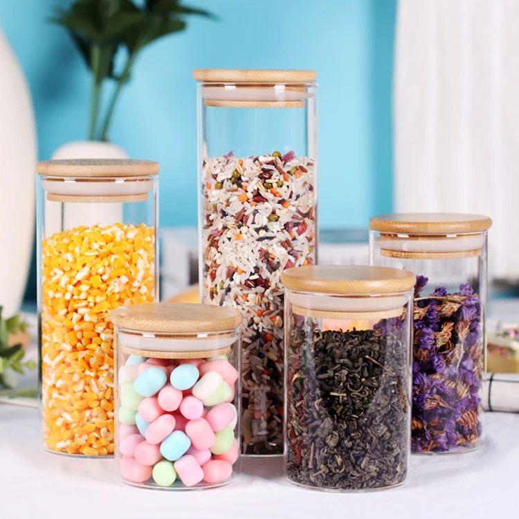 Sell High Quality Candy Foods Rubber Sealed Wooden Lid Air Tight Storage Containers Glass Jar with Bamboo Lid jars for kitchen