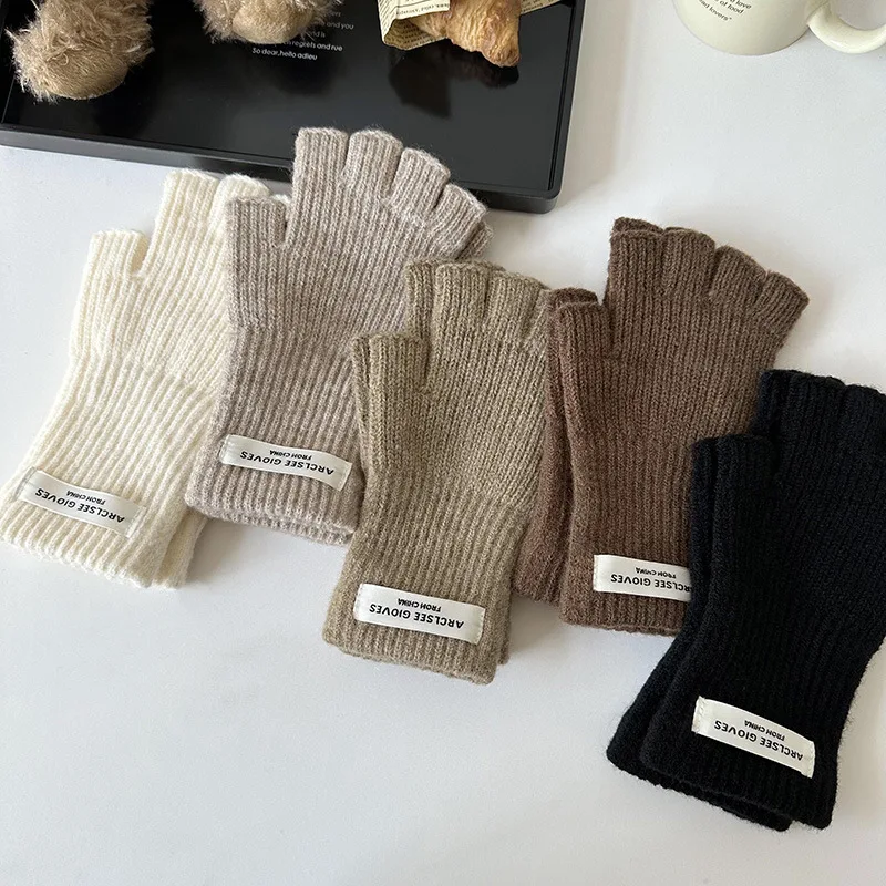 Touch Screen Solid Color Wool Knitted Gloves Korean Version Label Half Finger Hand Gloves Harajuku Style Warm Winter Gloves