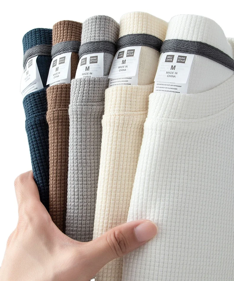 Long sleeve high quality cotton waffle knit t shirt custom waffle fabric heavyweight men shirt