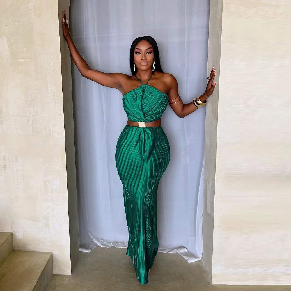 Liu Ming New Year 2025 Elegant Women Sexy Halter Neck Pleated Party Slit Long Maxi Evening Dress