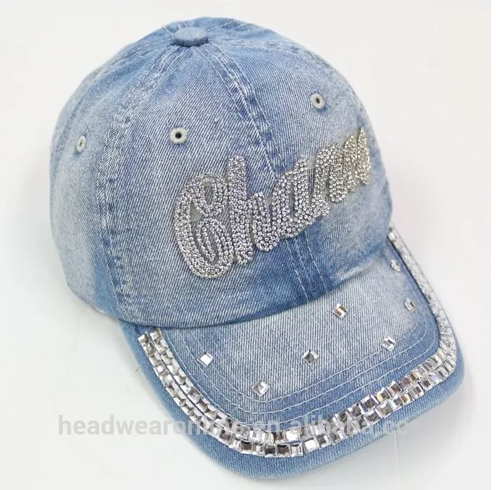 Fashion Custom Bling Rhinestone Washed Denim Baseball Cap 6 Panel Women Curved Brim Fitted Hat