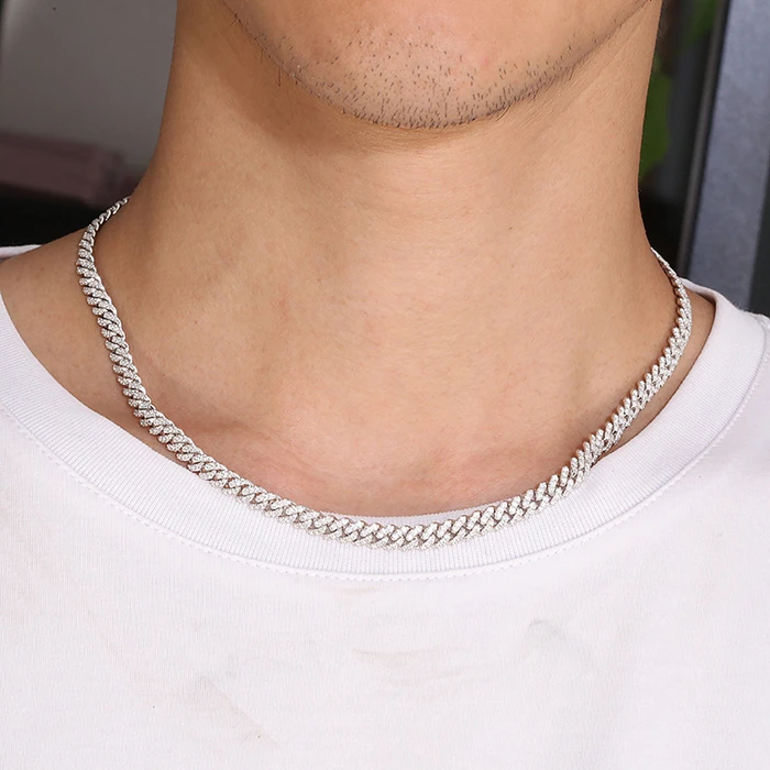 925 Sterling Silver 6mm Miami Cuban Chain Bracelet Iced Out Bling Hip Hop Moissanite Diamond Prong Cuban Link Chain Necklace