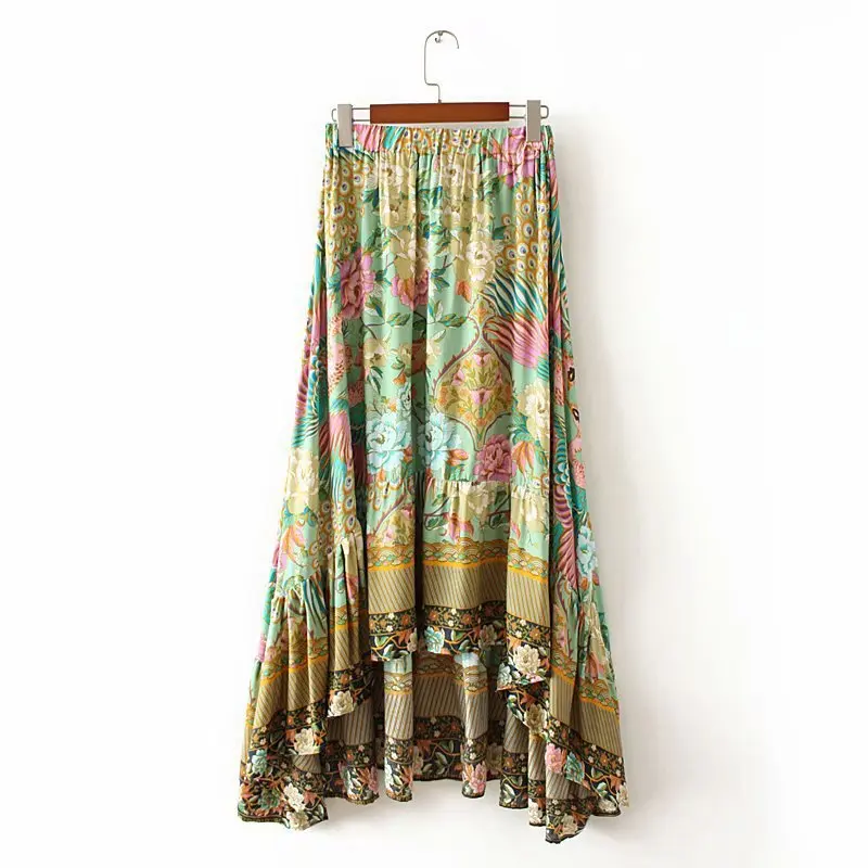 Summer Beach Fadal Casual Elastic Waist Maxi Hippie Ruffles Rayon Cotton Fadal Mujer Bohemian Skirts