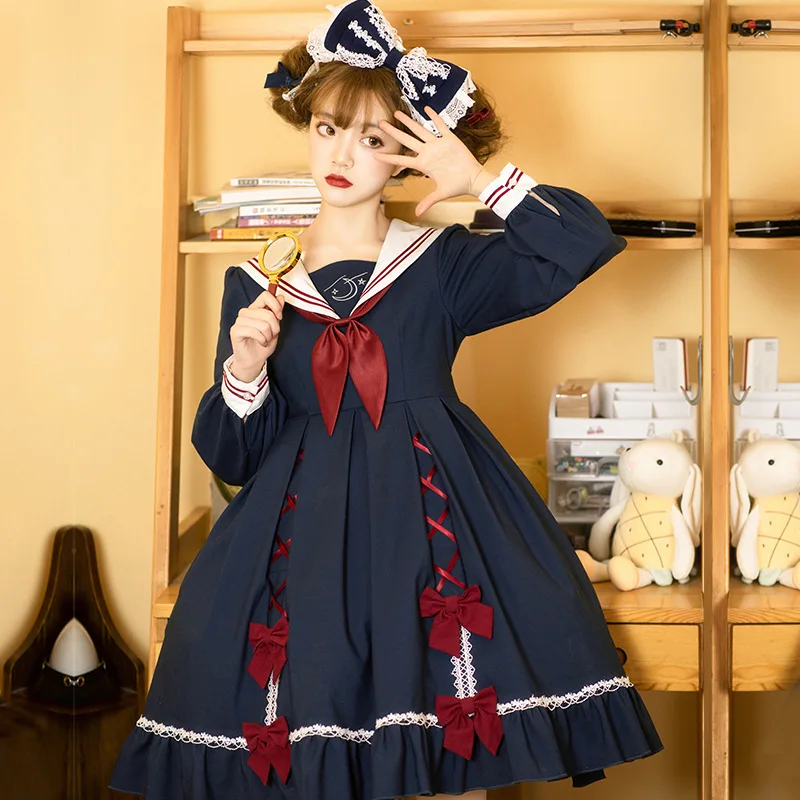 Adult Navy Sailor Collar Japanese School JK Uniform Student Cosplay Sweet OP Lolita Dress for Women