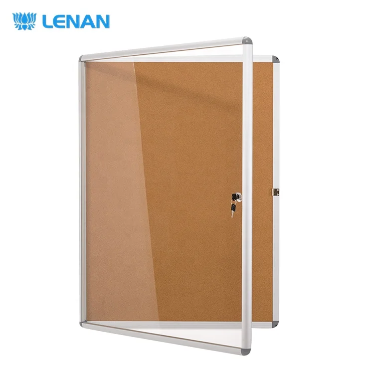 Aluminium frame lockable acrylic door cork notice board showcase cabinet enclosed bulletin board with lock and keys