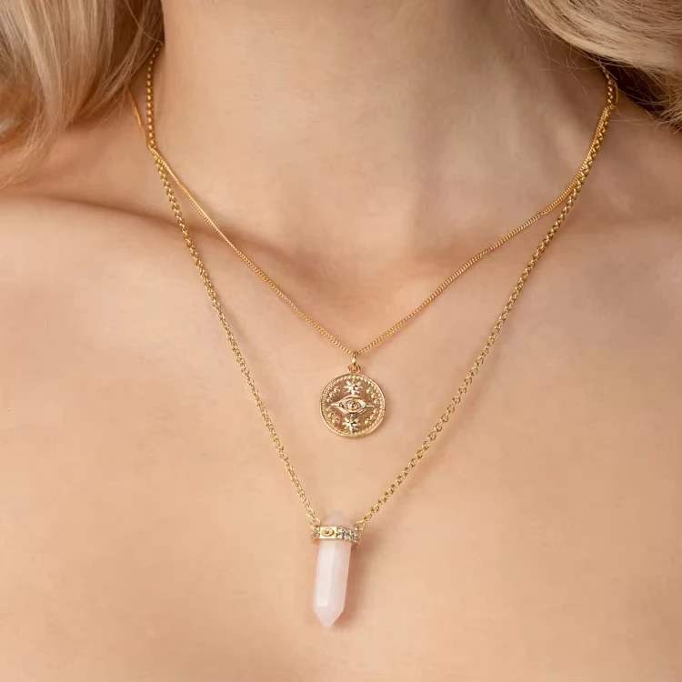 925 Silver Natural Gemstone Women Malachite Crystal Quartz Necklace Pendant With Engraved Evil Eye Natural Crystal Stone Pendant