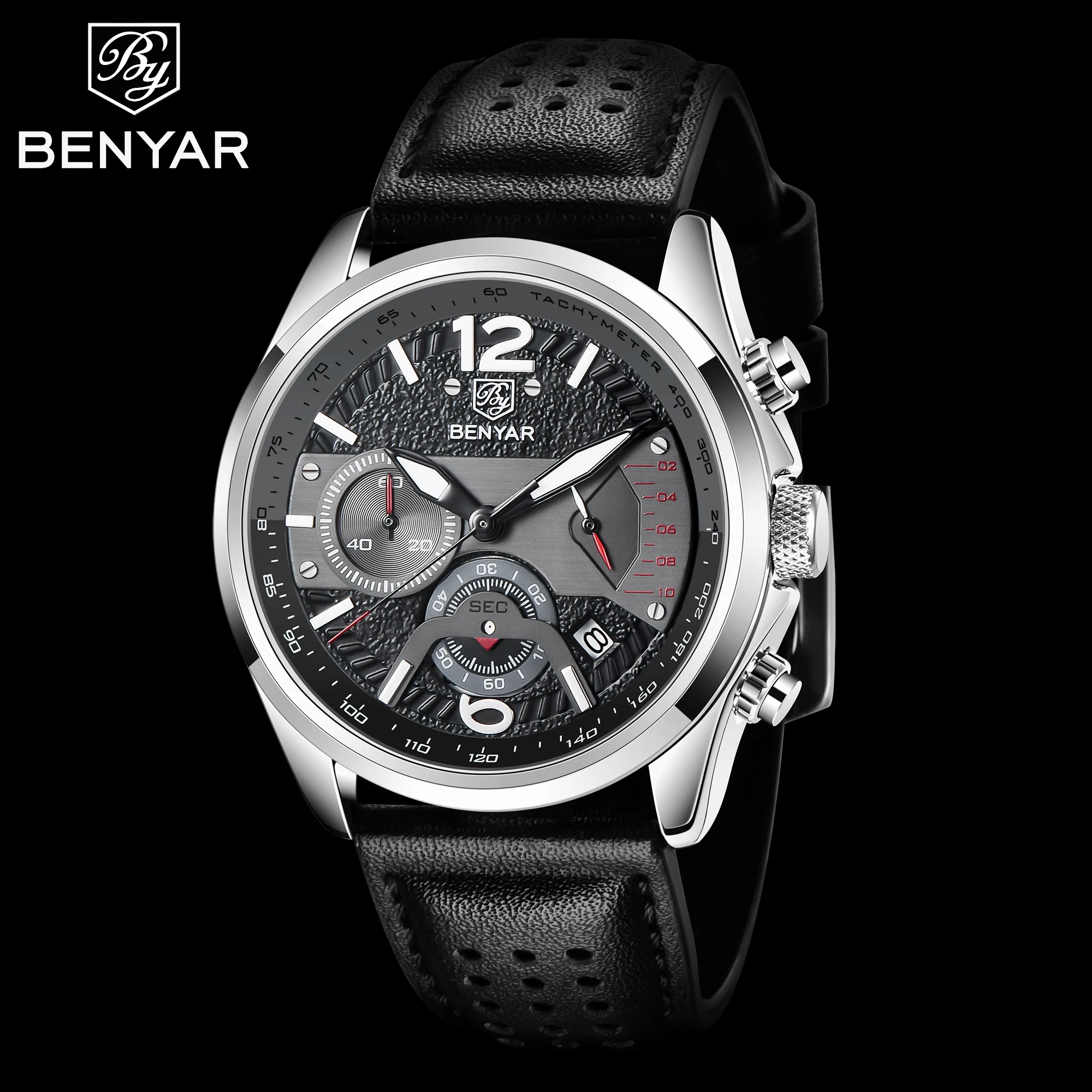 BENYAR Brand big genuine leather strap quarts Watch for man and boys