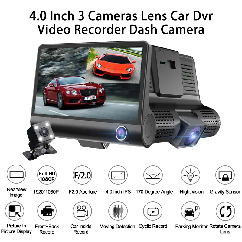High Quality 4.0 inch full HD Car DVR Dash Cam with 3 camera lens Video Recorder 4K Security Camera front and rear 1080p for Car