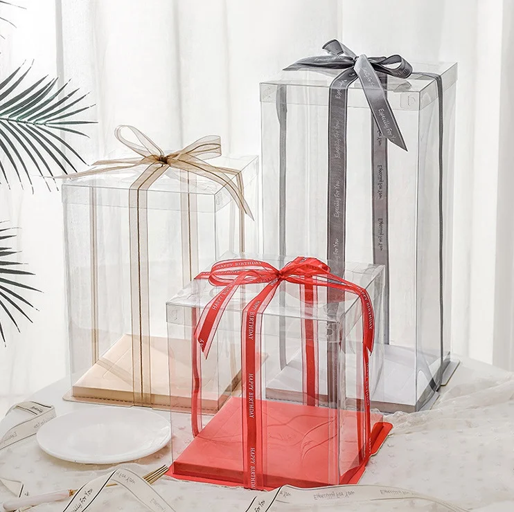 Square Pink Packaging Plastic Birthday Party 4 inch 6 inch 8 inch 10 inch 12 inch Clear Cake Boxes With Ribbon