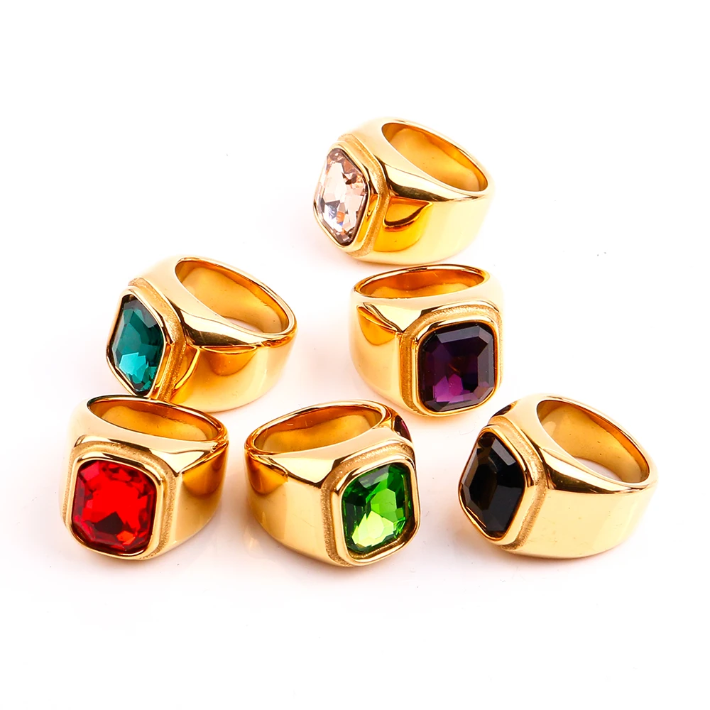 Modern Aesthetic Ring 17Mm Geometric Type Stainless Steel Gemstone Bulk Thick Metal Square Stone Crystal Ring For Men Unisex