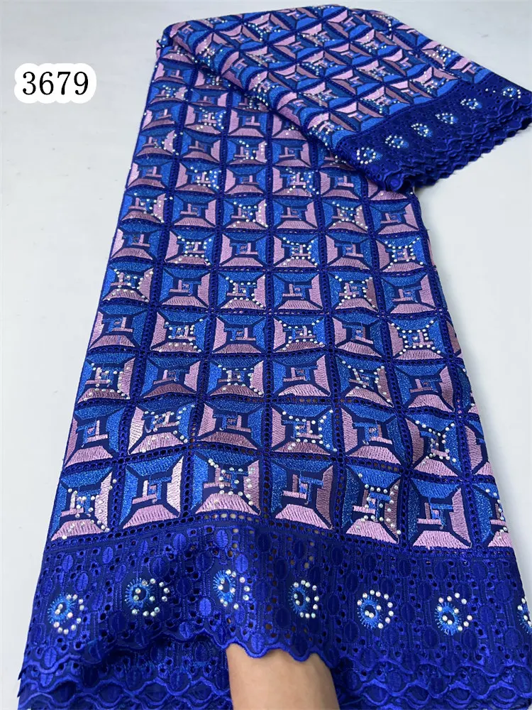 3679 African Lace Fabric 2024 Latest Designs With Many Crystal Swiss Voile Austria Cotton Lace For Nigeria Dubai Senegal Women